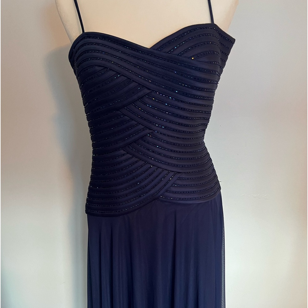 JS Collection Blue Long Evening Gown with beaded bodice